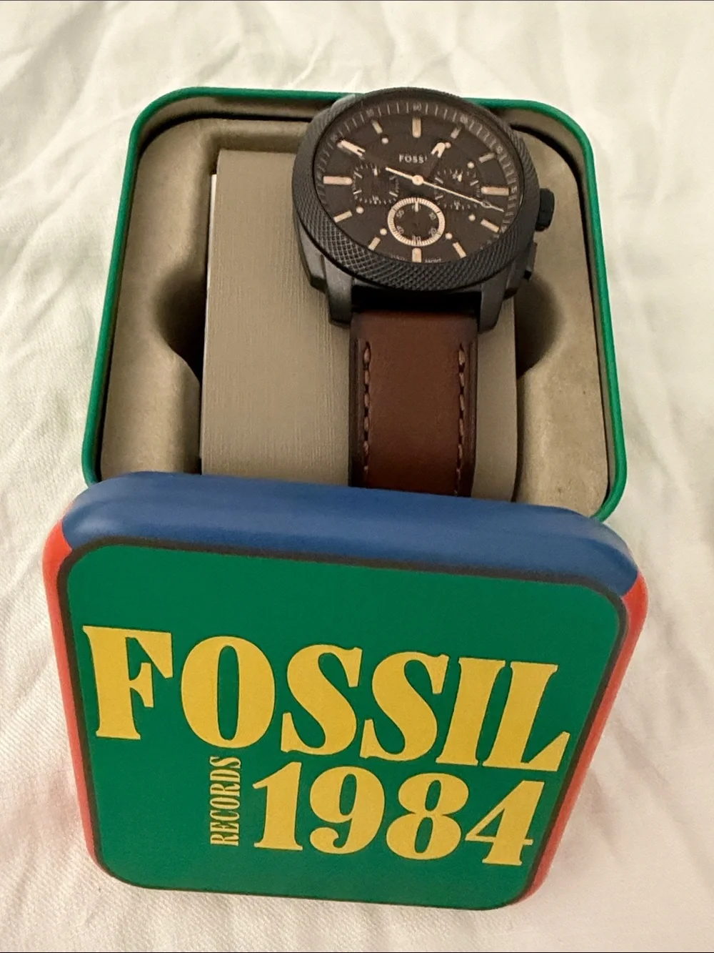 Fossil Black Dial Watch with Brown Leather Strap